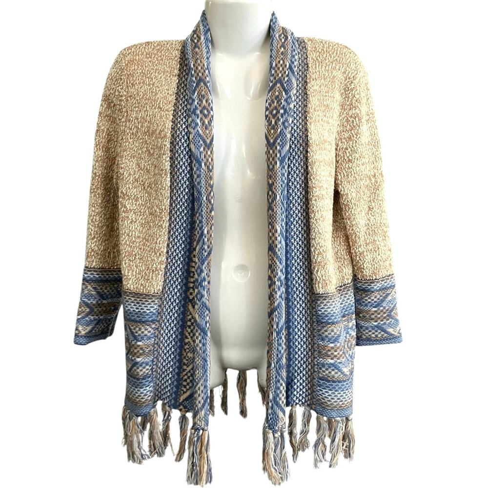 Ruby Rd. Petite Women's Tan/ Blue Southwestern Fringe Cardigan Sweater | Size PS